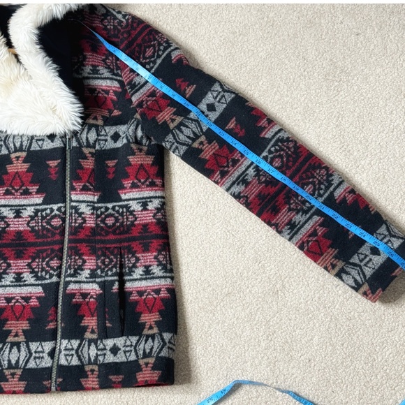 Ella Moss Anthropologie Coat Southwestern Motif Faux Fur Collar Winter Black - Picture 13 of 16